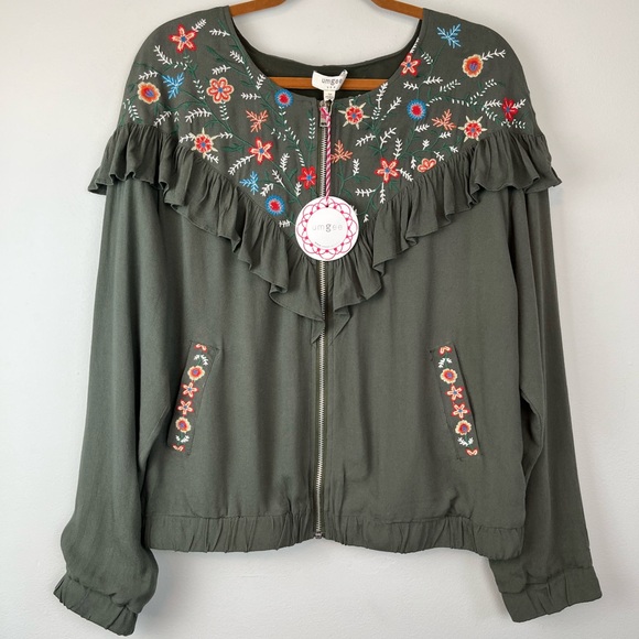 Umgee Jackets & Blazers - NWT Umgee Floral Embroidered Bomber Jacket Ruffle Olive Green Zip Up Medium